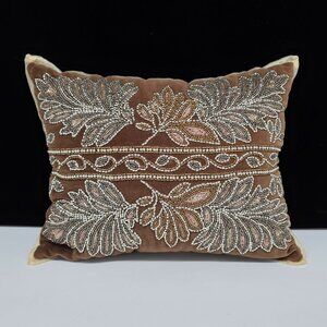 Pier 1 Beaded Leaf Decorative Square Throw Pillow Cover Brown Silver 16"x13"
